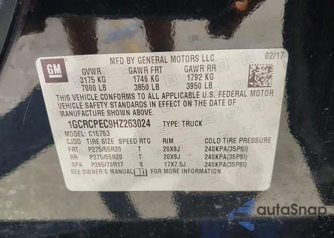 2017 Chevrolet Silverado 1500 Custom z USA, uszkodzony, nr VIN 1GCRCPEC9HZ263024